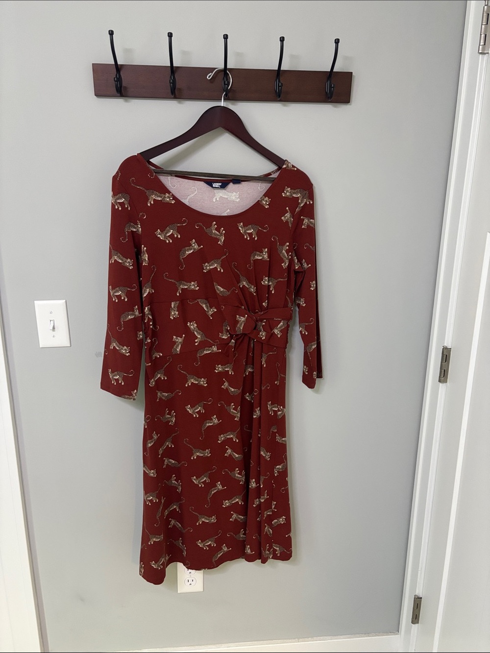 Lands' End Rust Red Printed Tie-Waist Midi Dress